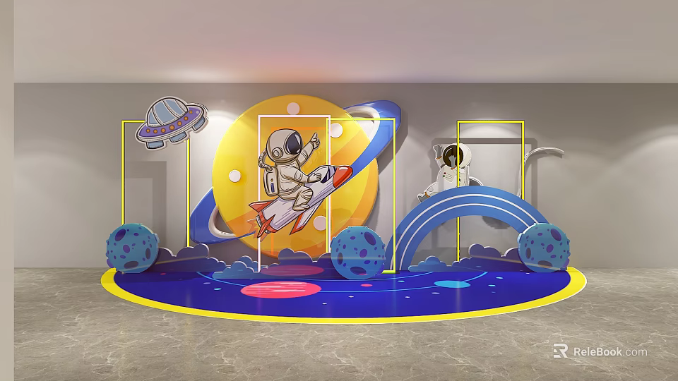 Space Themed Photo Spot With Astronaut Moon Planets Spaceship Yellow Frames And Blue Base 3d model 