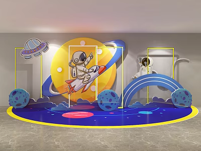 Space Themed Photo Spot With Astronaut Moon Planets Spaceship Yellow Frames And Blue Base 3d model
