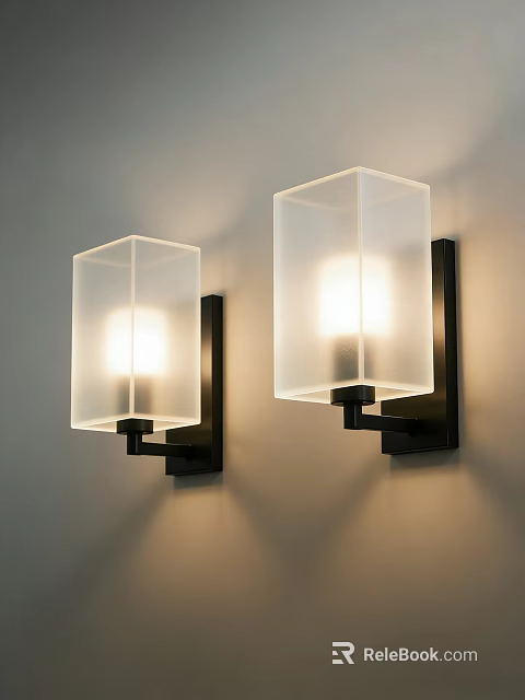 Modern Square Wall Lamps with Frosted Glass Shades and Black Brackets Illuminated on Beige Wall 3d model 
