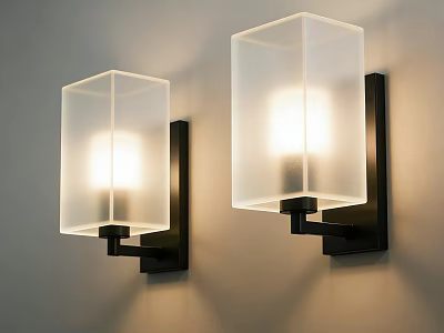 Modern Square Wall Lamps with Frosted Glass Shades and Black Brackets Illuminated on Beige Wall 3d model