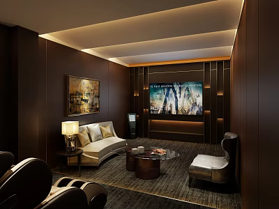 Luxurious Home Theater Interior Design With Comfortable Seating Large Screen TV And Ambient Lighting 3d model
