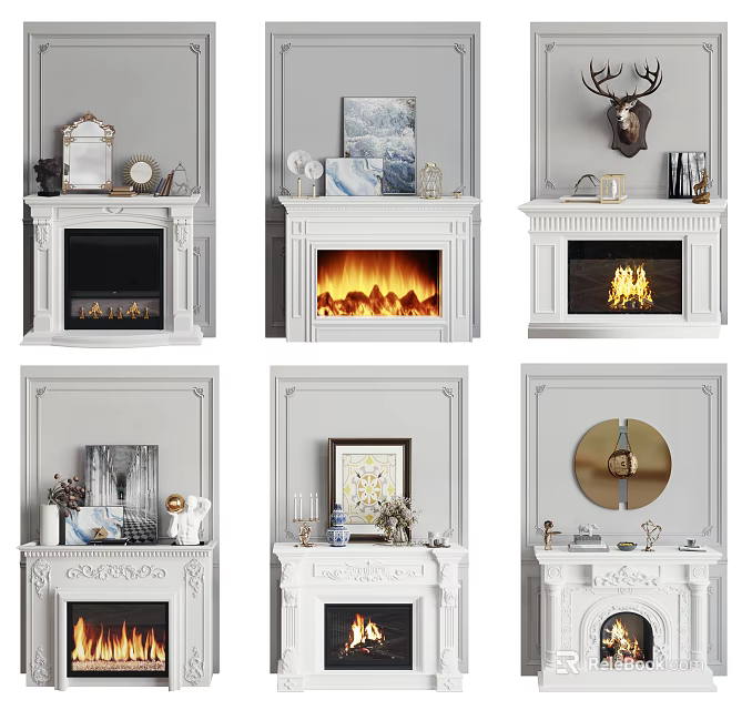 Elegant White Fireplace Designs With Artwork Mirror Deer Head And Flames 3d model
