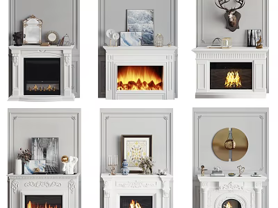 Elegant White Fireplace Designs With Artwork Mirror Deer Head And Flames 3d model