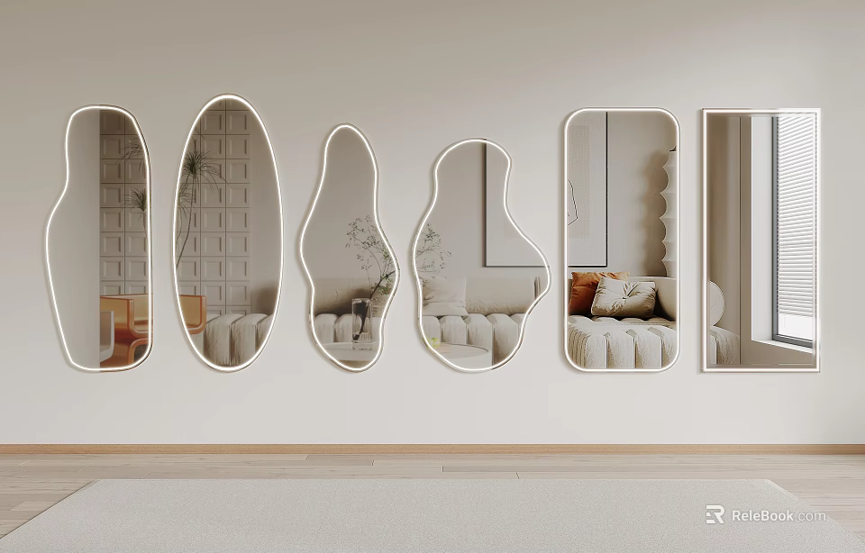 Stylish Various Shaped Wall Mounted Mirrors In Living Room With Sofa And Plants 3d model 