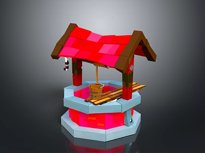 Pixel Style Well Structure With Red Roof Brown Supports And Wooden Bucket 3d model