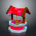 Pixel Style Well Structure With Red Roof Brown Supports And Wooden Bucket