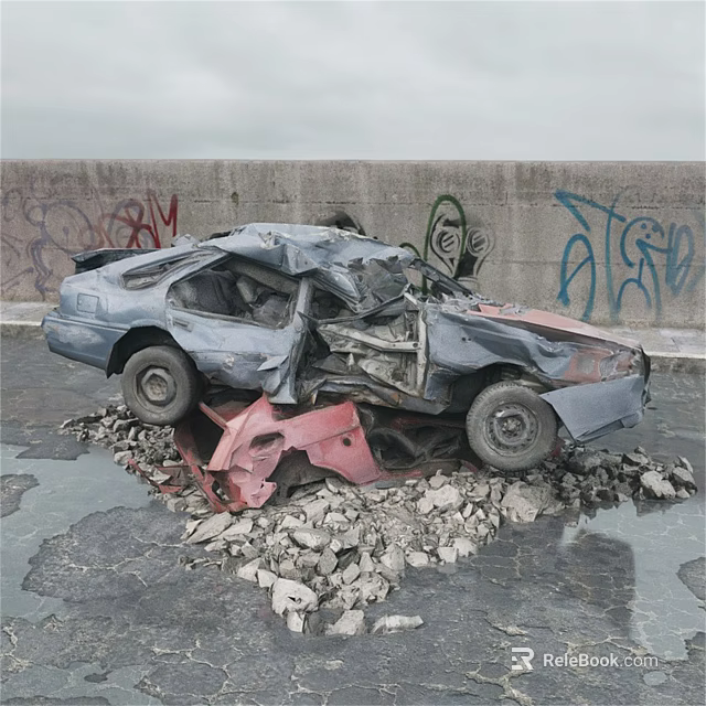 Damaged Motorcycle Wreckage On Gravel Pile Against Graffiti Covered Wall 3d model 