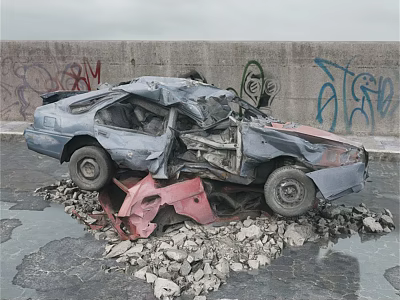 Damaged Motorcycle Wreckage On Gravel Pile Against Graffiti Covered Wall 3d model
