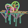 Ancient Wooden Mechanical Structure With Large Wheels Track Frame And Support Legs 3d model