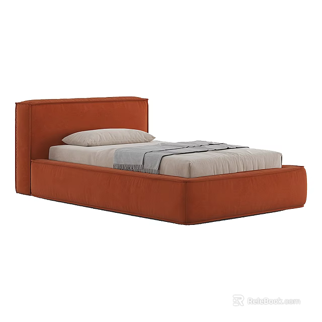 Modern Orange Single Bed With High Backrest Pillow And Gray Blanket 3d model