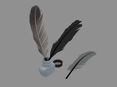 Vintage Quill Pen With Feathers And Ink Bottle On Gray Background 3d model