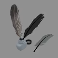 Vintage Quill Pen With Feathers And Ink Bottle On Gray Background