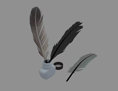 Vintage Quill Pen With Feathers And Ink Bottle On Gray Background 3d model