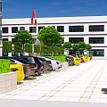 Modern Office Building Exterior Design With Glass Curtain Wall Greenery And Pedestrians