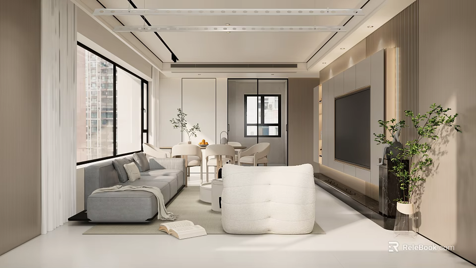 Modern Living And Dining Room Interior With Grey Sofa White Armchair And Large Windows 3d model 