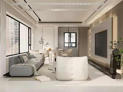 Modern Living And Dining Room Interior With Grey Sofa White Armchair And Large Windows 3d model