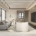 Modern Living And Dining Room Interior With Grey Sofa White Armchair And Large Windows