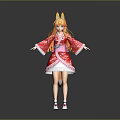 Game Anime Character With Orange Hair Fox Ears Red Kimono White Skirt And Pink Shoes