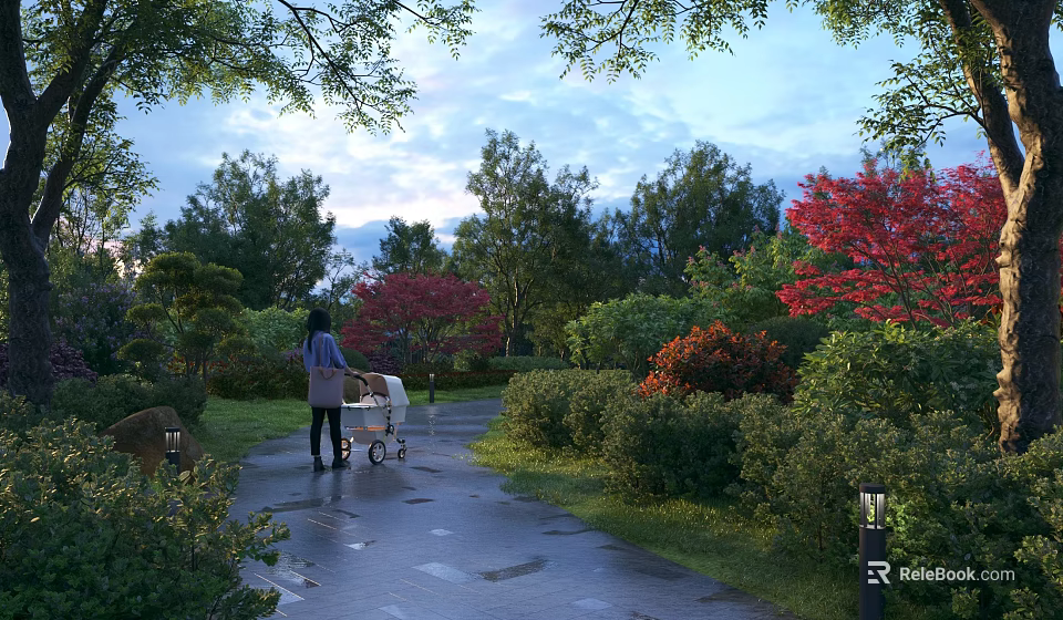 Scenic Evening Park Landscape With Person Pushing Stroller On Wet Path And Colorful Trees 3d model 