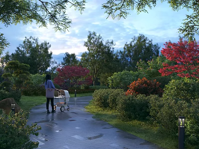 Scenic Evening Park Landscape With Person Pushing Stroller On Wet Path And Colorful Trees 3d model