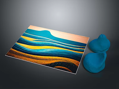 Modern Wavy Pattern Area Rug With Blue Yellow Design And Decorative Objects 3d model