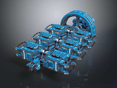Detailed Blue Mechanical Structure Featuring Modular Components And Circular Design Elements 3d model