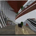 Bright Shopping Mall Lobby With Red Ceiling Curved Glass Escalator And People