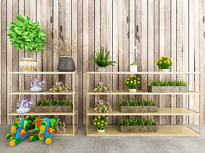 Various Potted Plants On Wooden Shelves With Green Foliage Purple Yellow Flowers And Wood Wall Background 3d model