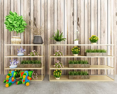 Various Potted Plants On Wooden Shelves With Green Foliage Purple Yellow Flowers And Wood Wall Background 3d model