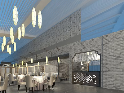 Banquet Hall Interior with Blue Ceiling Oval Pendant Lights Brick Wall and Dining Tables 3d model