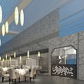 Banquet Hall Interior with Blue Ceiling Oval Pendant Lights Brick Wall and Dining Tables