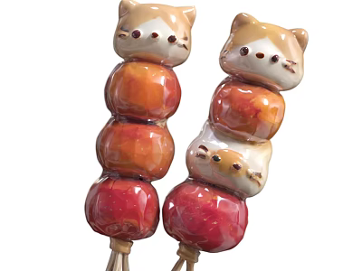 Fruit Skewers Topped with Cat Face Shaped Decorations Two Skewers Each with Three Round Fruits 3d model