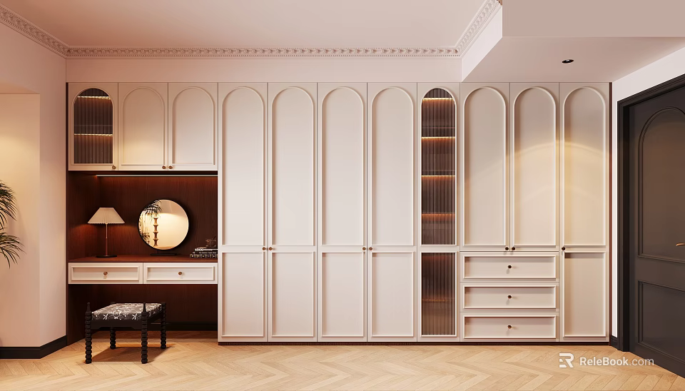 Elegant French Cream White Wardrobe With Arched Panels Glass Doors And Integrated Dressing Table 3d model 