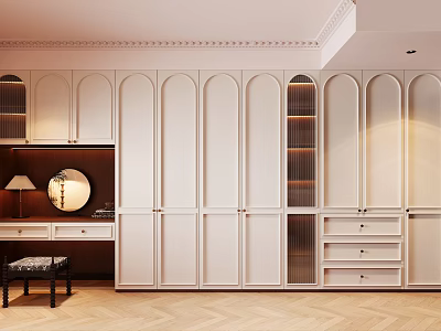 Elegant French Cream White Wardrobe With Arched Panels Glass Doors And Integrated Dressing Table 3d model