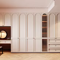 Elegant French Cream White Wardrobe With Arched Panels Glass Doors And Integrated Dressing Table