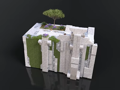 Modern Architectural Structure Featuring White Stone Blocks Green Vegetation And Rooftop Tree With Purple Flowers 3d model