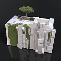 Modern Architectural Structure Featuring White Stone Blocks Green Vegetation And Rooftop Tree With Purple Flowers