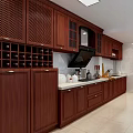Dark Brown Wooden Kitchen Cabinets With Wine Rack And Countertop Drawers 3d model