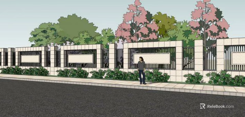 Building Exterior Wall With White Surface Black Railings Green Plants And Pink Flowering Trees 3d model 