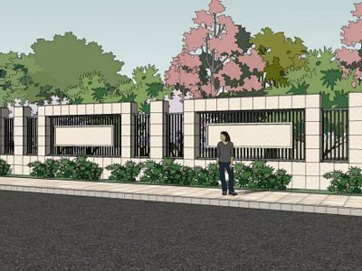 Building Exterior Wall With White Surface Black Railings Green Plants And Pink Flowering Trees 3d model