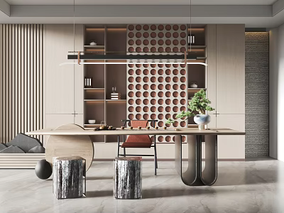 Modern Tea Table And Chairs With Wooden Design Green Plant And Minimalist Interior 3d model