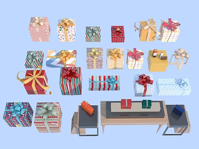 Toy Gift Shop Featuring Colorful Assorted Gift Boxes On Display Table With Beautiful Wrapping Designs 3d model