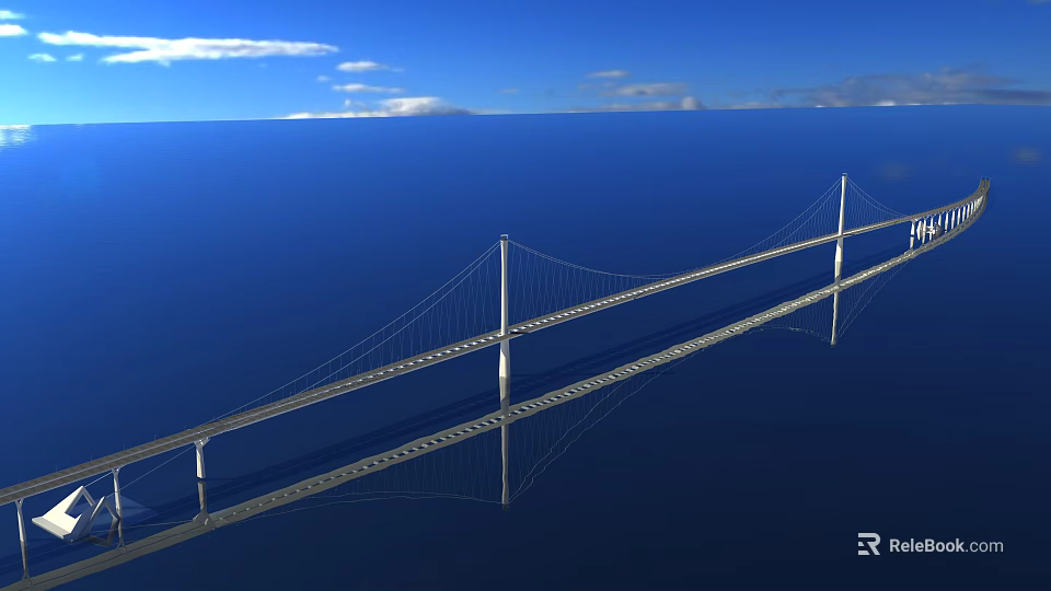 Modern Cable Stayed Bridge Spanning Blue Water With Clear Reflection And Blue Sky 3d model 