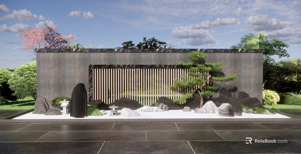 Modern Scenic Wall Design with Wooden Slats Rockery Stones and Pine Tree 3d model 