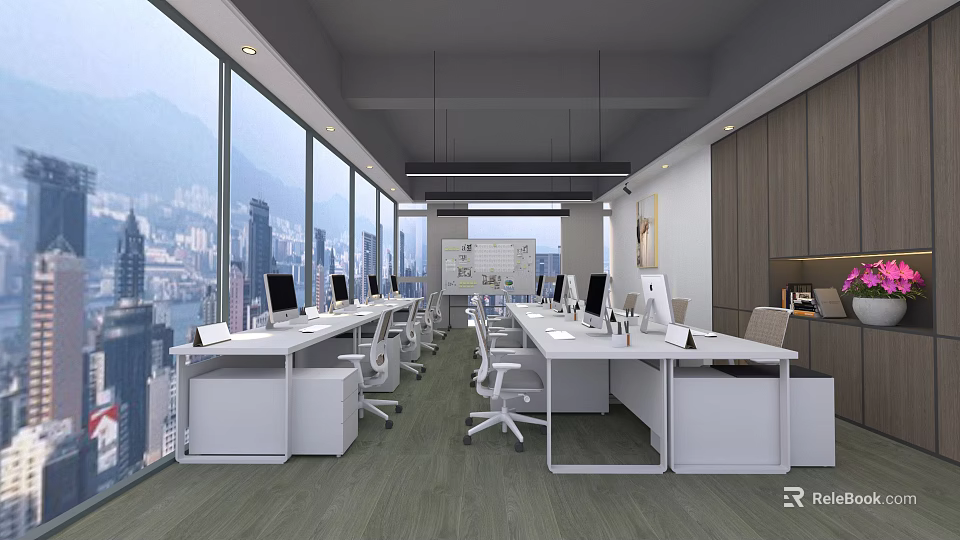 Modern Public Office Space With Open Layout Workstations Computers And City View Windows 3d model 