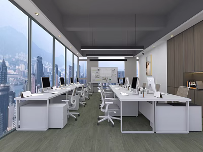 Modern Public Office Space With Open Layout Workstations Computers And City View Windows 3d model