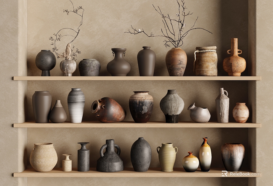 Ceramic Vessels Displayed On Wooden Shelves With Various Styles Shapes And Colors 3d model 