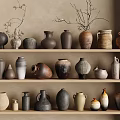 Ceramic Vessels Displayed On Wooden Shelves With Various Styles Shapes And Colors