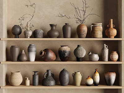 Ceramic Vessels Displayed On Wooden Shelves With Various Styles Shapes And Colors 3d model