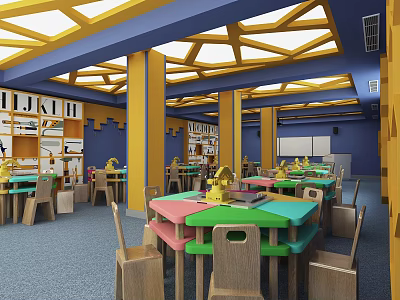 School Classroom Featuring Colorful Tables Chairs Bookshelves Alphabet Decorations And Yellow Frame Ceiling 3d model